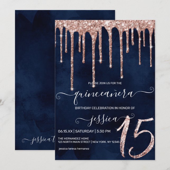 Quinceañera, havets blå Ro Guld, drivrutiner Quinc Inbjudningar (Fram/baksida)