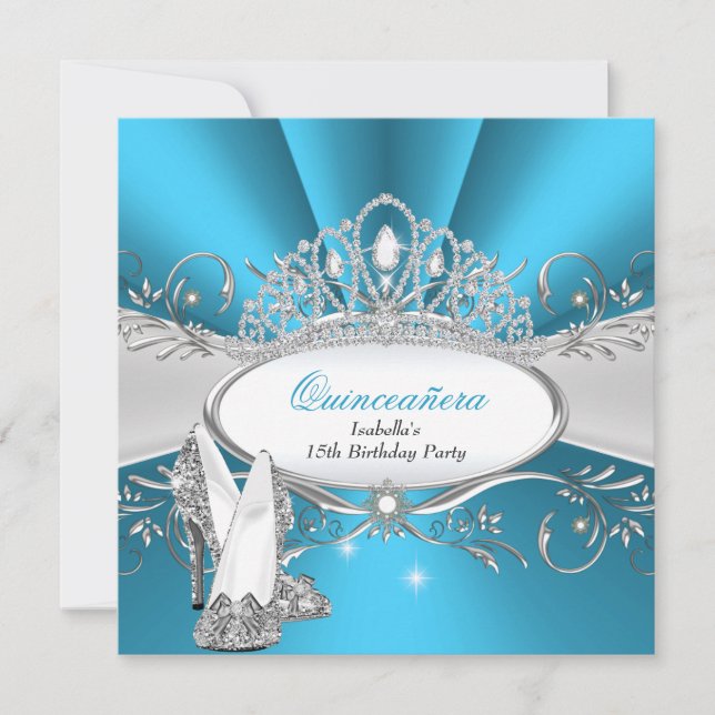 QUINCEANERA Höga klackar Blå diamanttiara Inbjudningar (Framsida)