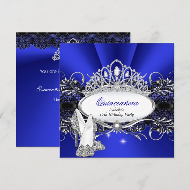 QUINCEANERA Höga klackar Royalblå diamanttiara Inbjudningar (Fram/baksida)