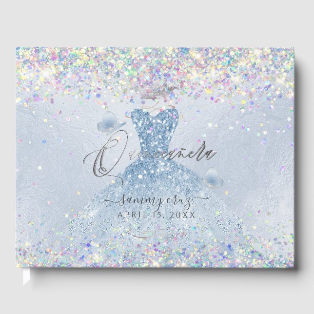 Quinceanera Holografisk konfetti Dusty Blue - Dres Gästböcker (Framsida)