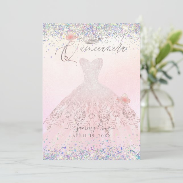 Quinceanera Holografiska konfetti  Rosa Dress Inbjudningar (Stående Fram)