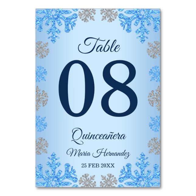 Quinceañera Ice Blue Silver Winter Snowflake Bordsnummer (Framsidan)