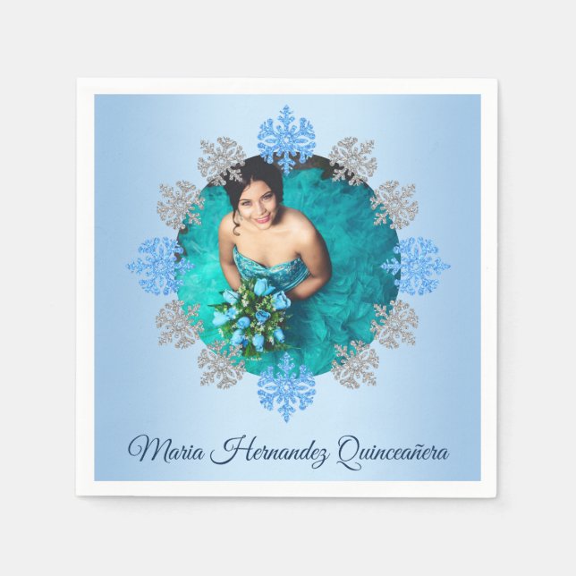 Quinceañera Ice Blue Silver Winter Snowflake Pappersservett (Framsidan)