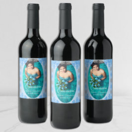 Quinceañera Ice Blue Silver Winter Snowflake Vinflaska Etikett