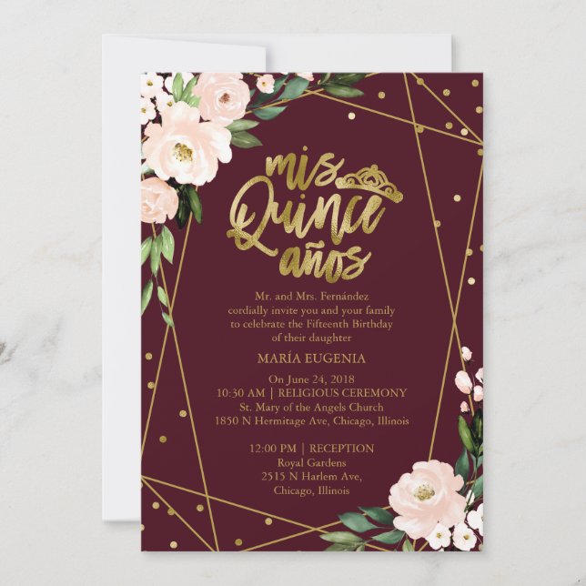 Quinceanera-inbjudan Bilingual  Burgundy Inbjudningar (Framsida)