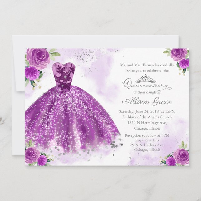Quinceanera-inbjudan Bilingual Lila Klänning Inbjudningar (Framsida)