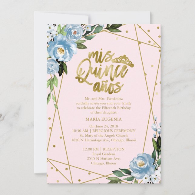 Quinceanera-inbjudan Bilingual Rosa Blue Inbjudningar (Framsida)
