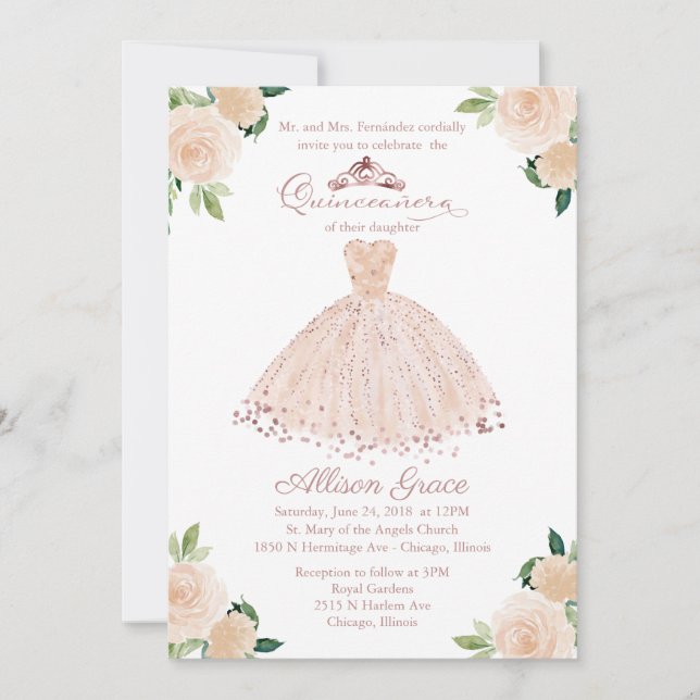 Quinceanera-inbjudan Bilingual Rosa  Gown Inbjudningar (Framsida)