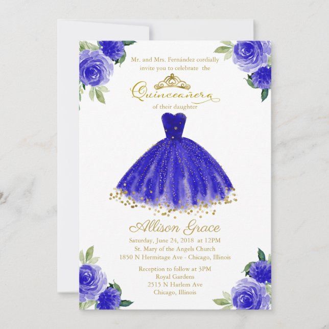 Quinceanera-inbjudan Bilingual Royal Blue Gown Inbjudningar (Framsida)