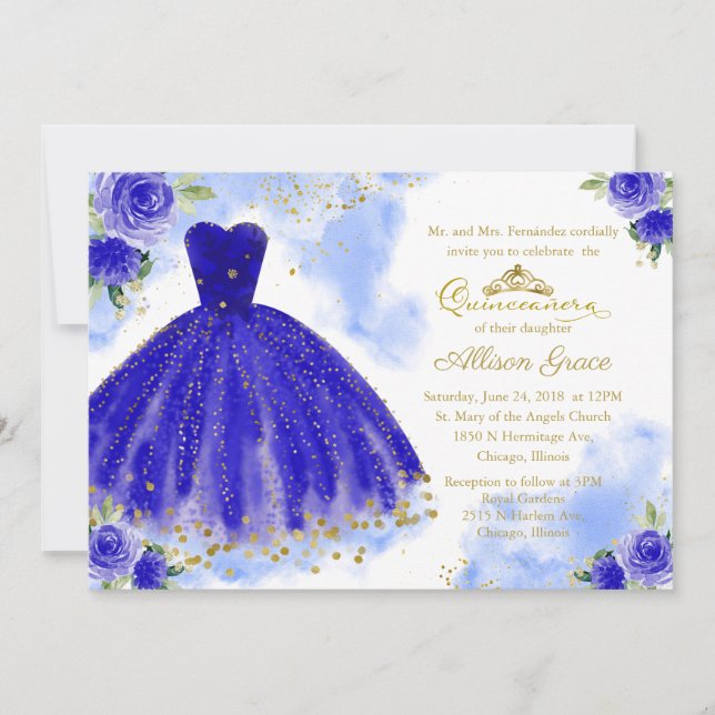 Quinceanera-inbjudan Bilingual Royal Blue Gown Inbjudningar (Framsida)