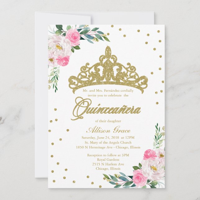 Quinceanera-inbjudan Bilingual Tiara Shock rosa (Framsida)