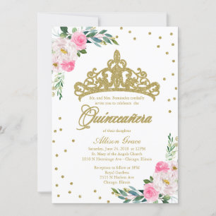 Quinceanera-inbjudan Bilingual Tiara Shock rosa