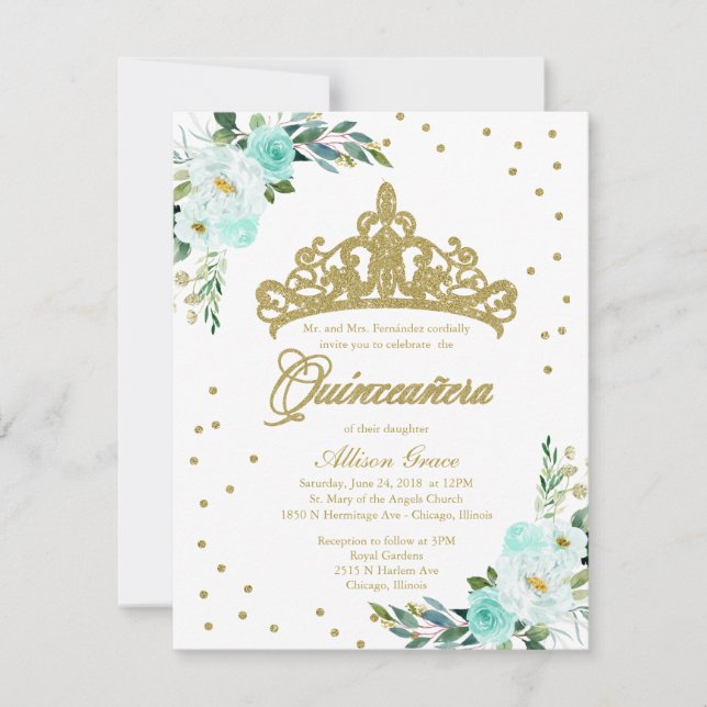 Quinceanera-inbjudan Bilingual Tiara Turkos (Framsida)