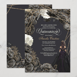 Quinceañera-inbjudan - Black & Guld Ro, Gown Inbjudningar