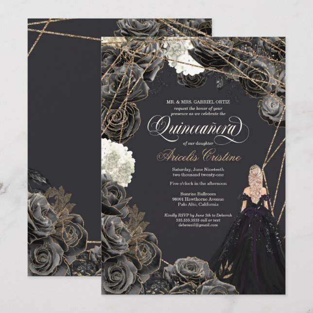 Quinceañera-inbjudan - Black & Guld Ro, Gown Inbjudningar (Fram/baksida)
