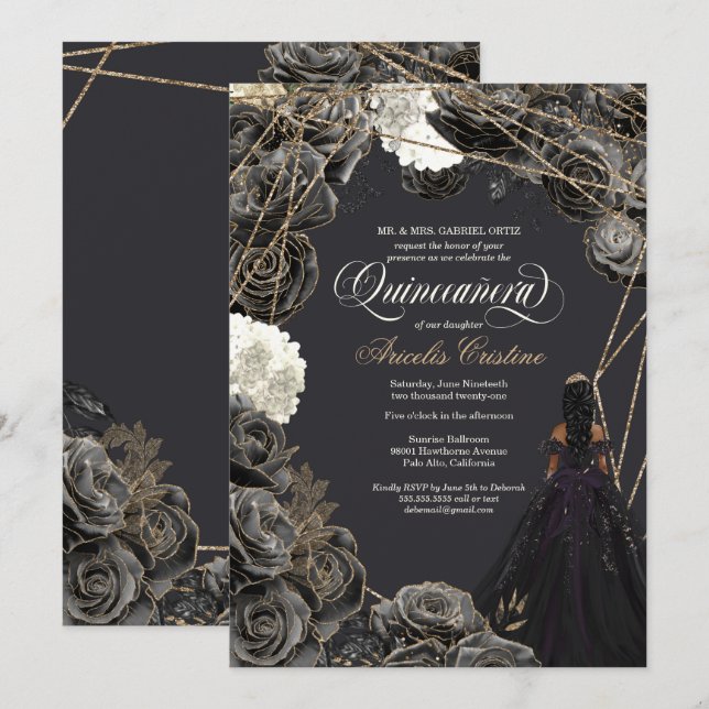Quinceañera-inbjudan - Black & Guld Ro, Gown Inbjudningar (Fram/baksida)