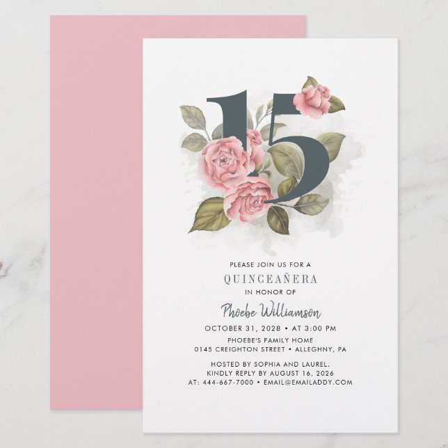 Quinceanera-inbjudan, Blommigt 15:e Födelsedagsfes Brevpapper (Fram/baksida)