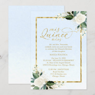 Quinceanera-inbjudan Dammtor Blå Guld Folie Blommi Inbjudningar