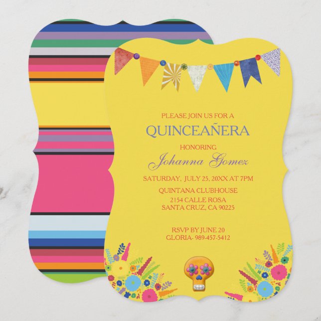 QUINCEAÑERA INBJUDAN DIAMETER DE LOS MUERTOS (Fram/baksida)