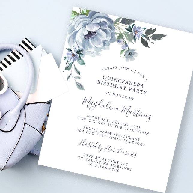 Quinceanera-inbjudan för budgetblått Blommigt (Skapare uppladdad)