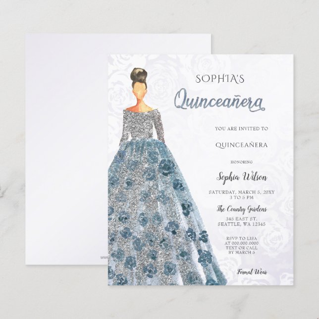 Quinceanera-inbjudan för budgetblått Gnistra (Fram/baksida)