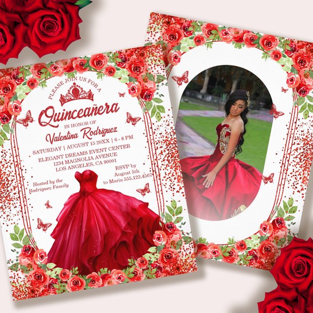 Quinceanera-inbjudan för budgeterad röd Blommigt Flygblad (Budget Red Floral Quinceanera Invitation Flyer)