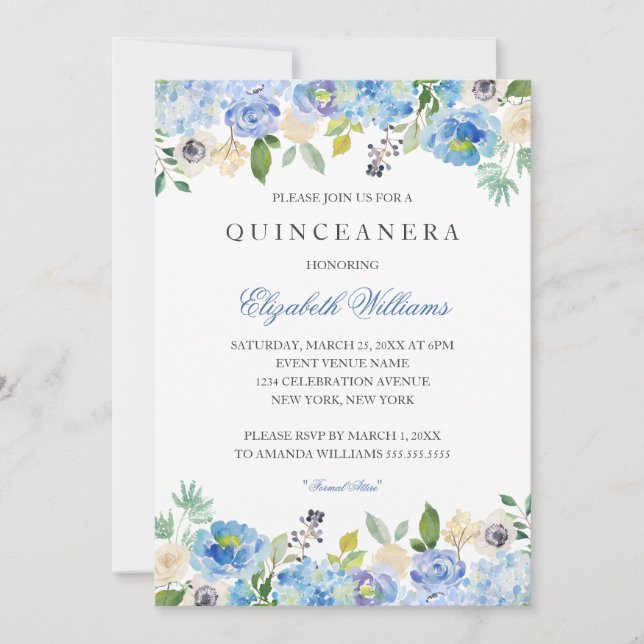 Quinceanera-inbjudan för elegant Blue Blommigt Inbjudningar (Framsida)