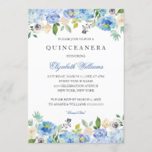 Quinceanera-inbjudan för elegant Blue Blommigt