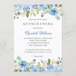 Quinceanera-inbjudan för elegant Blue Blommigt Inbjudningar