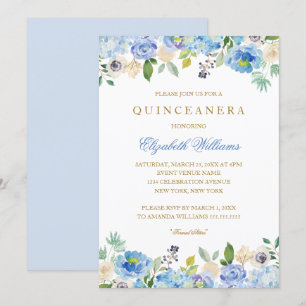 Quinceanera-inbjudan för elegant Blue Guld Blommig Inbjudningar