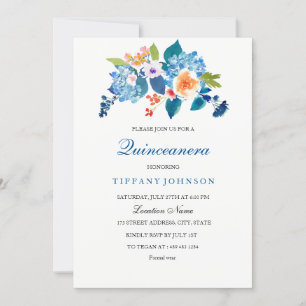Quinceanera-inbjudan för elegant Blue & Peach Blom Inbjudningar