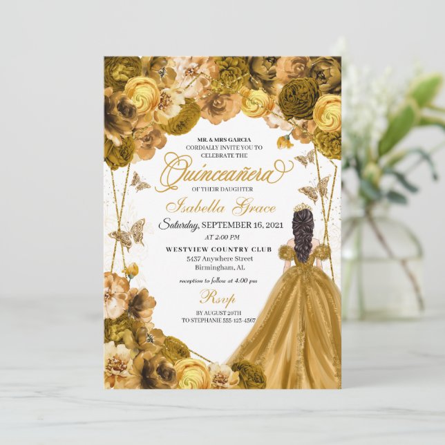 Quinceanera-inbjudan för elegant Guld Blommigt Inbjudningar (Stående Fram)
