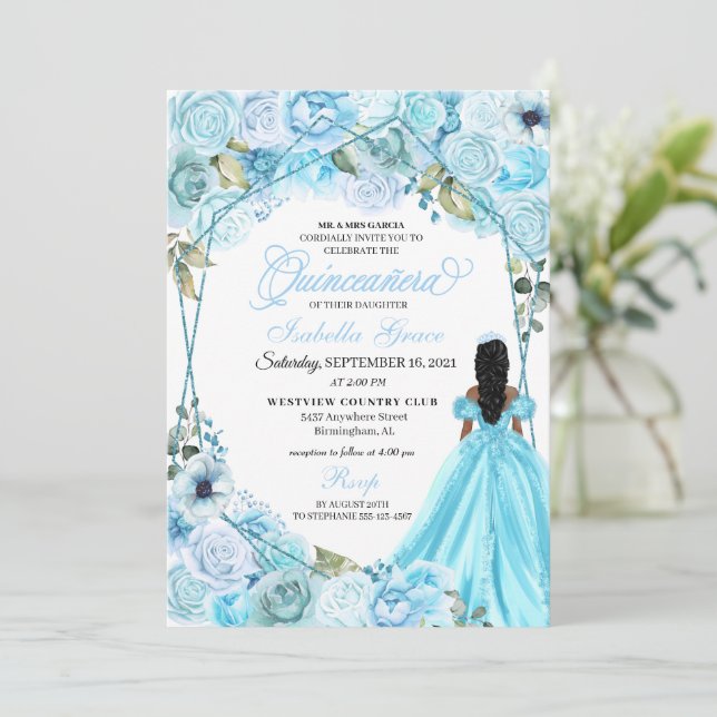 Quinceanera-inbjudan för elegant Himlar Blue Blomm Inbjudningar (Stående Fram)