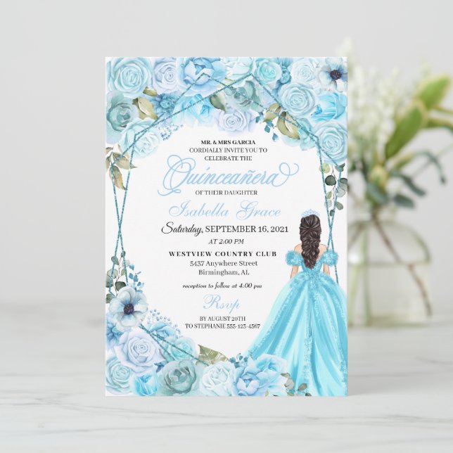 Quinceanera-inbjudan för elegant Himlar Blue Blomm Inbjudningar (Stående Fram)