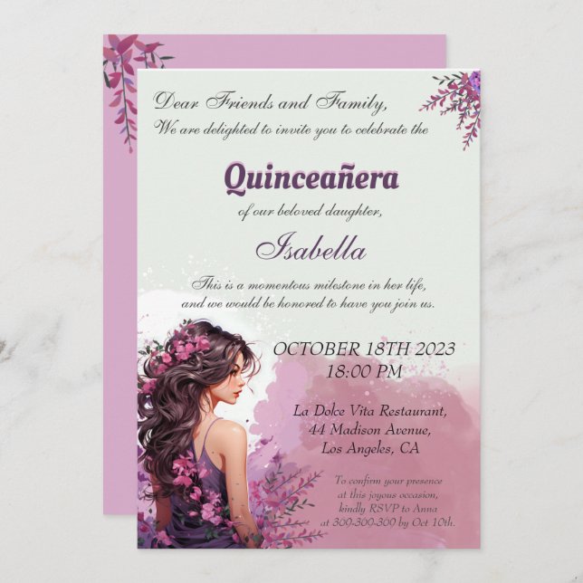 Quinceanera-inbjudan för lila blommigt Chic Inbjudningar (Fram/baksida)