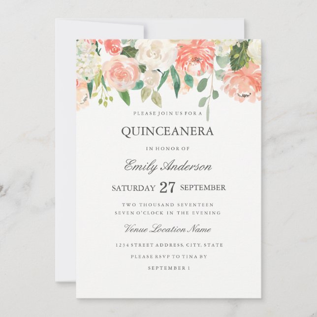 Quinceanera-inbjudan för persikofärgad Blommigt Inbjudningar (Framsida)