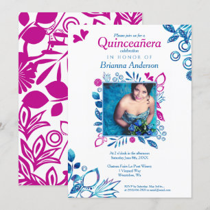 Quinceañera-inbjudan för rosa och blå Blommigt Inbjudningar