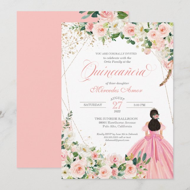 Quinceanera-inbjudan för  Rosa och vit Blommigt Inbjudningar (Fram/baksida)