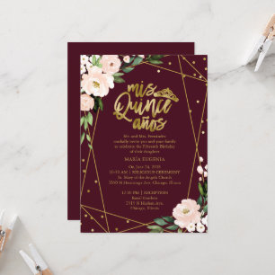 Quinceañera-inbjudan Guld Burgundy Blush Blommig Inbjudningar
