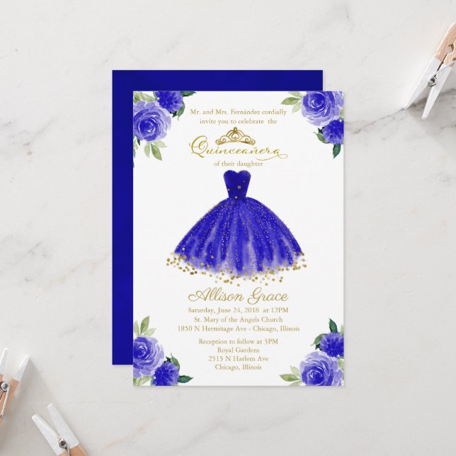 Quinceanera-inbjudan Guld Foil-Royal Blue Gown Inbjudningar (Fram/Back In Situ)