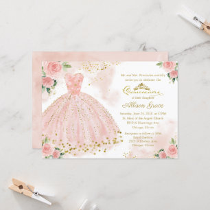 Quinceañera-inbjudan Guld Folie Rosa Rodnad Klänni Inbjudningar