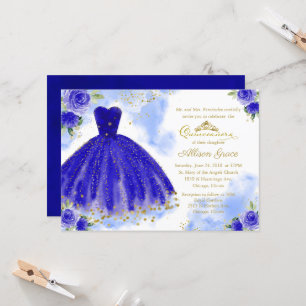 Quinceanera-inbjudan Guld Folie Royal Blå Klänning Inbjudningar