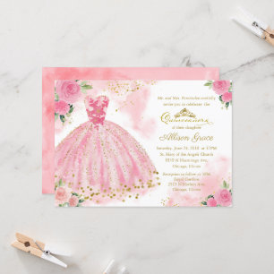 Quinceañera-inbjudan Guld Folie Varm Rosa Klänning Inbjudningar