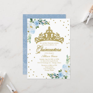 Quinceanera-inbjudan Guld Tiara Baby blue Blommigt