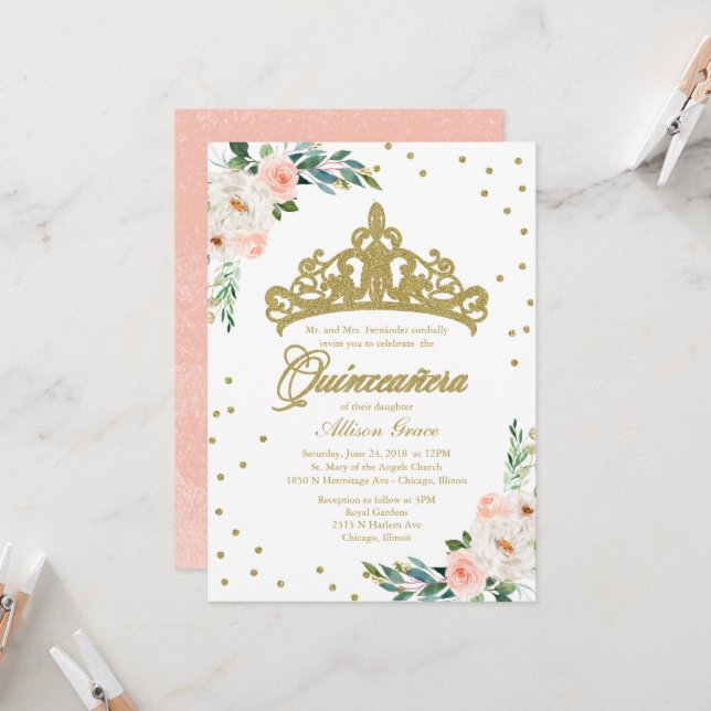 Quinceanera-inbjudan Guld Tiara och Rosa Flowers (Fram/Back In Situ)
