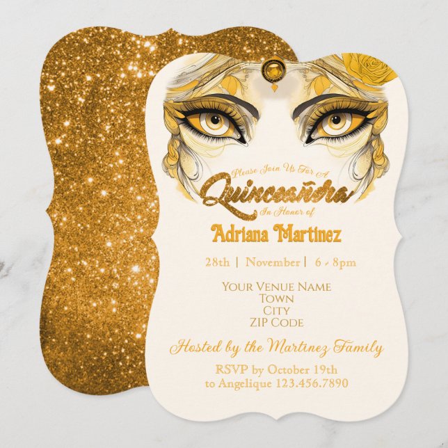 Quinceañera-inbjudan Guldglitter Inbjudningar (Fram/baksida)