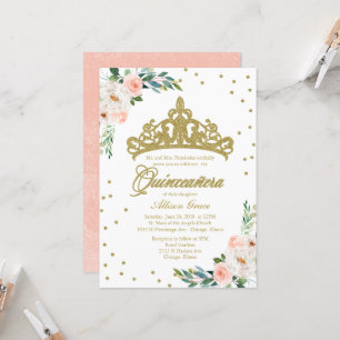 Quinceanera-inbjudan Guldtiara och rosa blommor