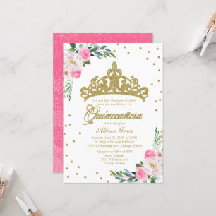 Quinceanera-inbjudan Guldtiara Varmrosa Blommor