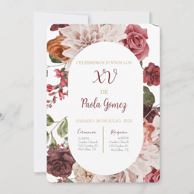 Quinceanera-inbjudan med färgade blommor inbjudningar (Framsida)