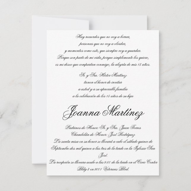 Quinceanera-inbjudan på spanska 4,25 x 5,5 inbjudningar (Baksida)